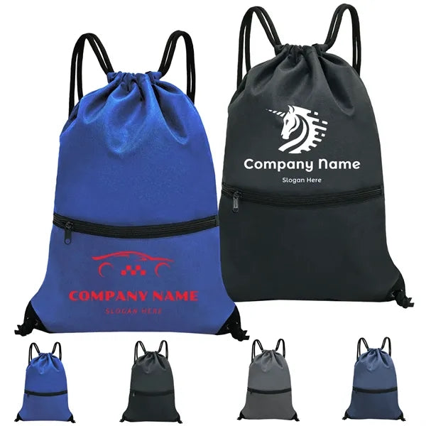 600D Drawstring Backpack with Zipper Pocket & Thick Straps