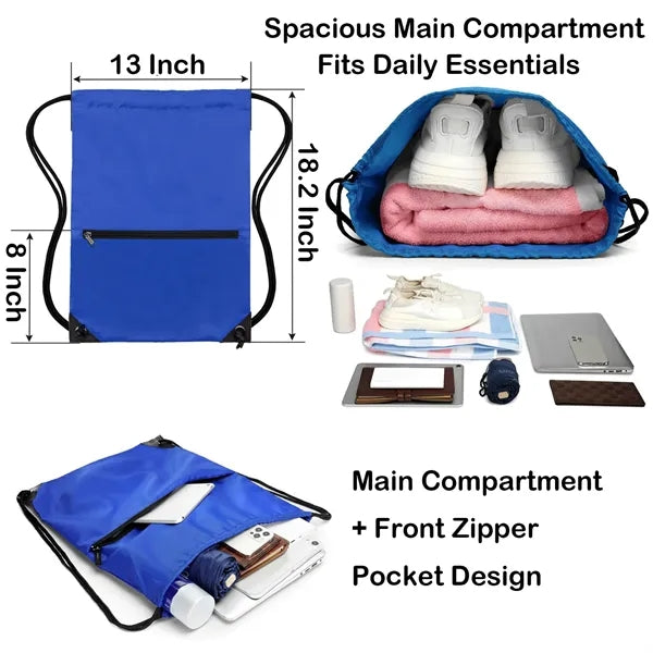 600D Drawstring Backpack with Zipper Pocket & Thick Straps