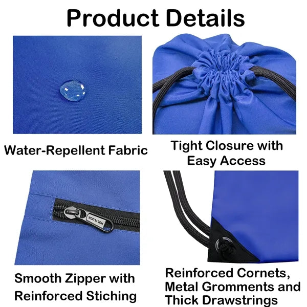 600D Drawstring Backpack with Zipper Pocket & Thick Straps