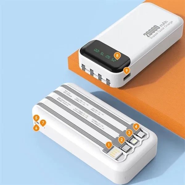 20000mAh Power Bank with 4 Built-in Charging Cables