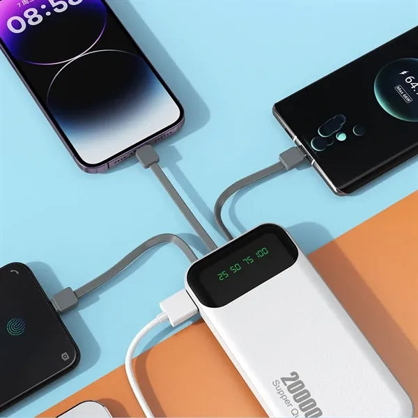 20000mAh Power Bank with 4 Built-in Charging Cables
