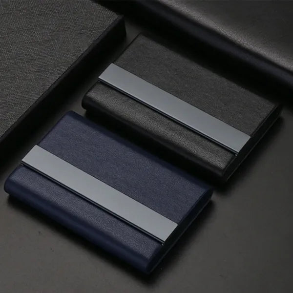 Business Card Holder PU Wood Grain Stainless Steel Case