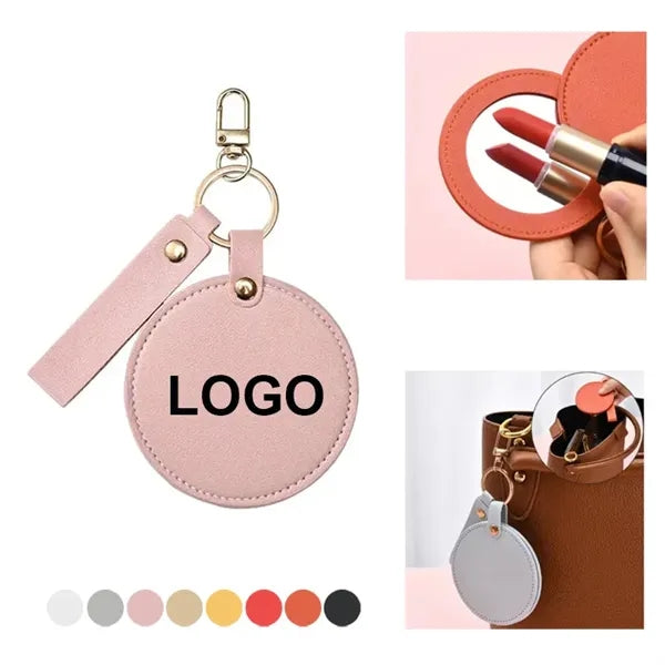 Round Folding Swivel Leather Makeup Mirror Keychain