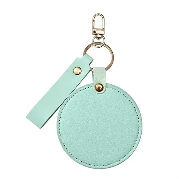 Round Folding Swivel Leather Makeup Mirror Keychain