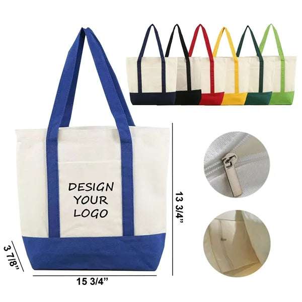 12oz Canvas Zipper Tote Bag with Inner and Front Pockets