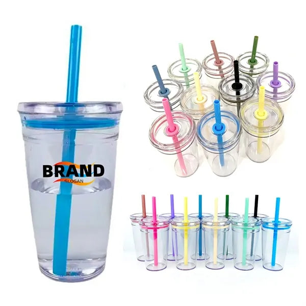 15Oz Plastic Bottles with Lids and Straws