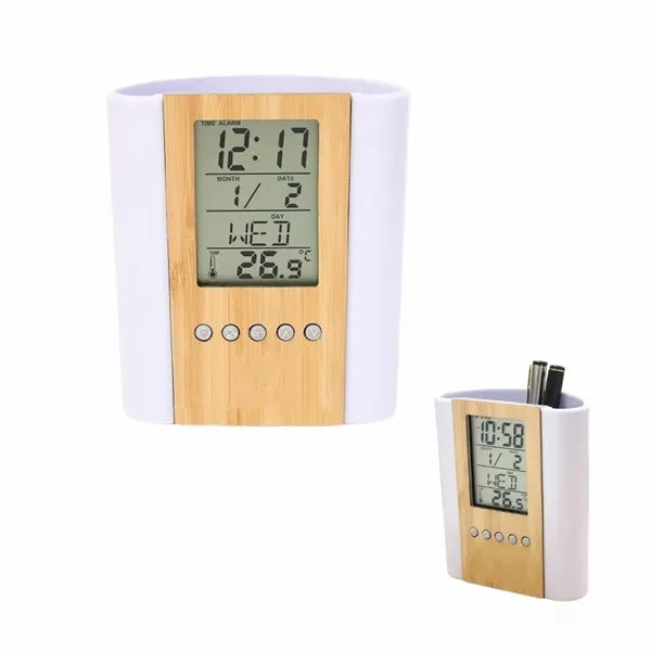 Multifunctional Digital Bamboo And Wood Pen Holder Clock