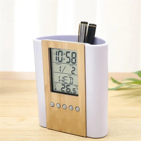 Multifunctional Digital Bamboo And Wood Pen Holder Clock