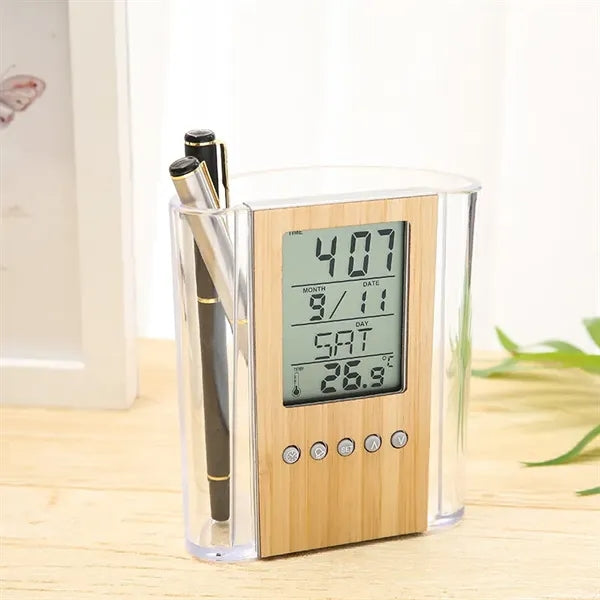 Multifunctional Digital Bamboo And Wood Pen Holder Clock