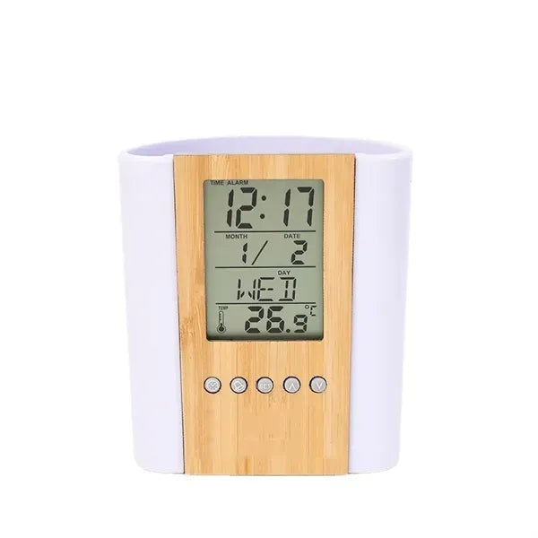 Multifunctional Digital Bamboo And Wood Pen Holder Clock