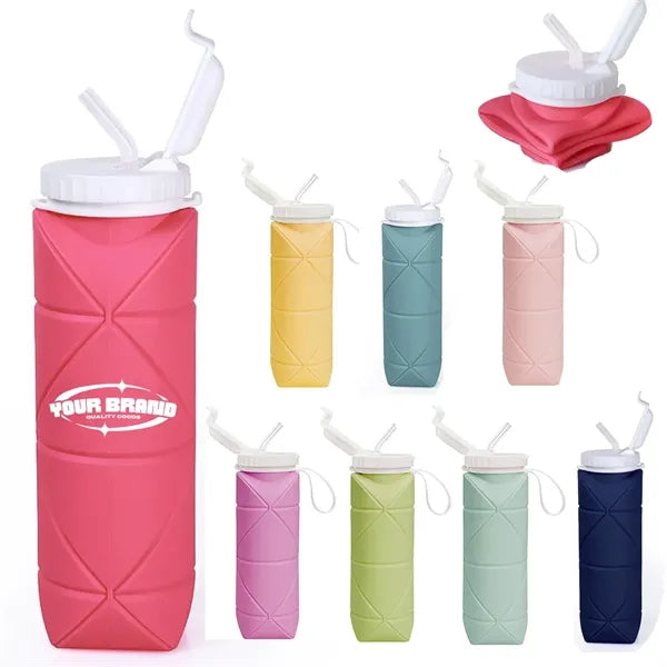 20oz. Collapsible Portable Silicone Water Bottle with Straw