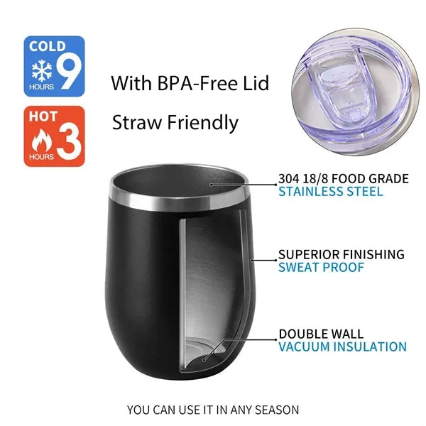 12oz Double Wall Stainless Steel Wine Tumbler with Lid
