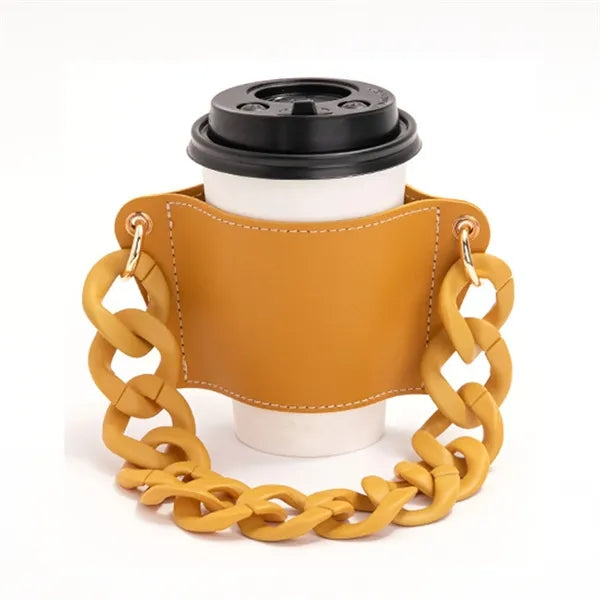 PU Leather Coffee Cup Sleeve with Handle Chain