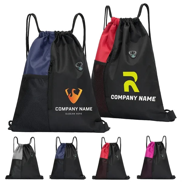 300D Two-Tone Drawstring Backpack w/ Mesh and Zipper Pocket