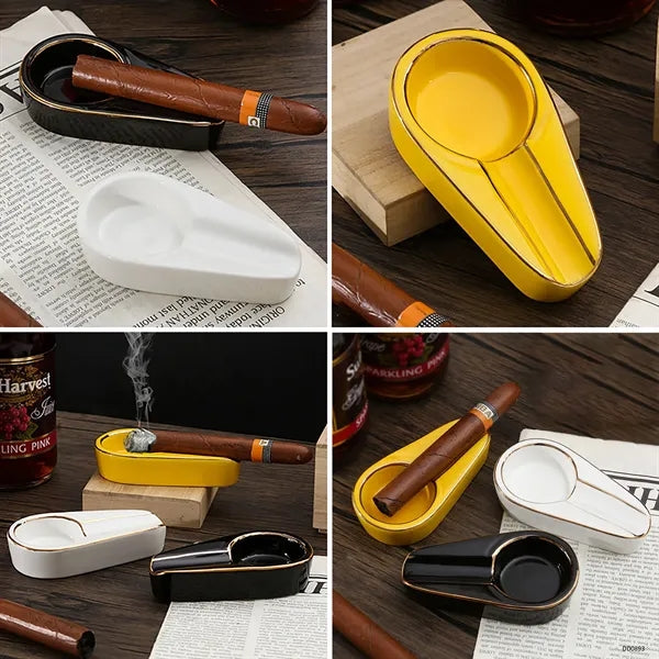 Ceramic Cigar Ashtray w/ Gold Trim for Home & Office