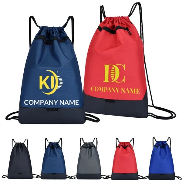 300D Two-Tone Drawstring Backpack with Pocket & Faux Leather