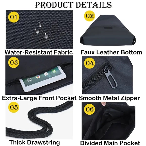 300D Two-Tone Drawstring Backpack with Pocket & Faux Leather