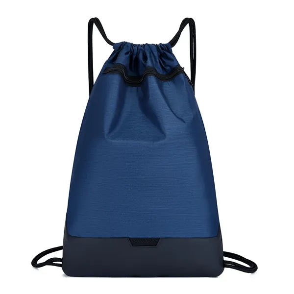 300D Two-Tone Drawstring Backpack with Pocket & Faux Leather