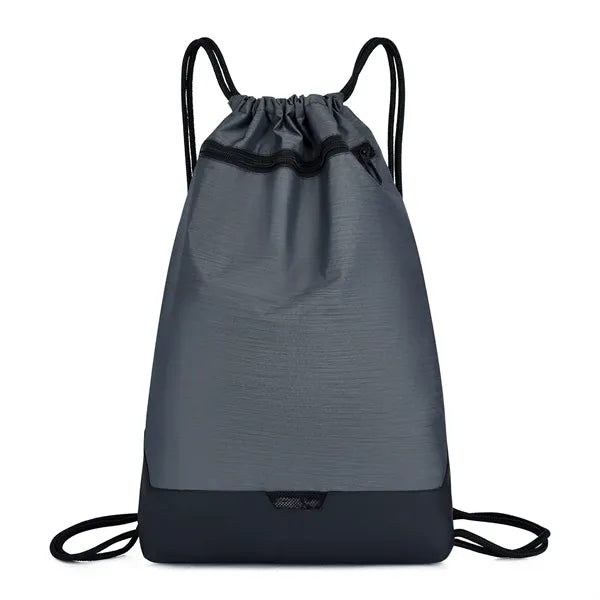 300D Two-Tone Drawstring Backpack with Pocket & Faux Leather