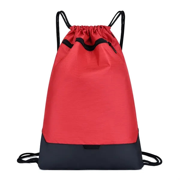 300D Two-Tone Drawstring Backpack with Pocket & Faux Leather