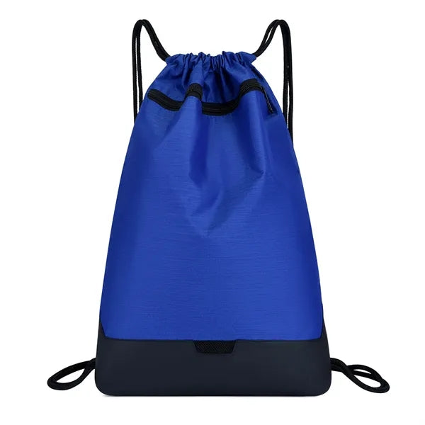 300D Two-Tone Drawstring Backpack with Pocket & Faux Leather