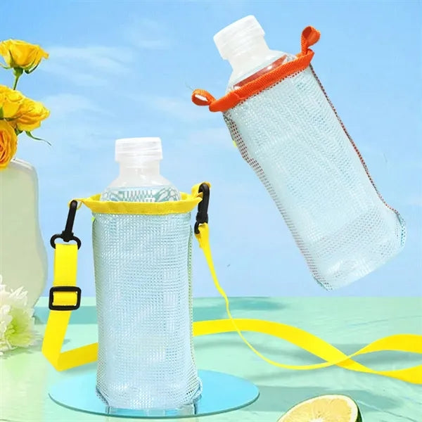 Outdoor beach mesh water bottle holder carrier with strap