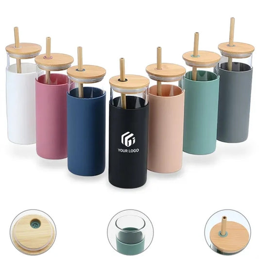 Bamboo lid beer iced coffee water bottle glass tumbler