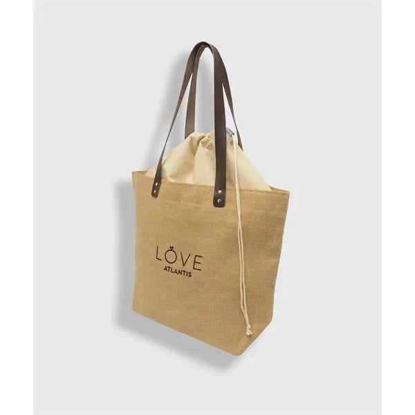 Embroidered Burlap Tote with Leather Handles