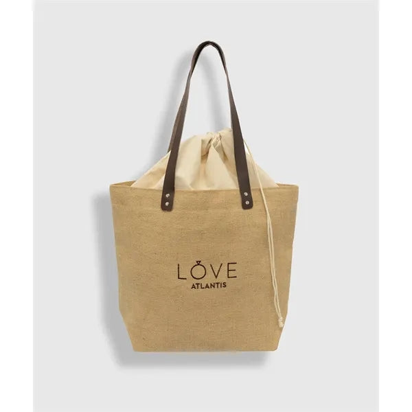 Embroidered Burlap Tote with Leather Handles
