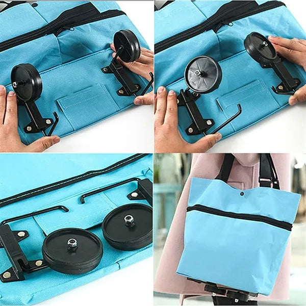 Collapsible Shopping Grocery Bag With Wheels Rolling
