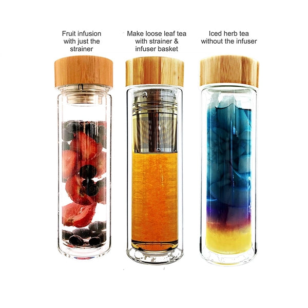 Bamboo lid Insulated Double Wall Glass with infuser 15oz