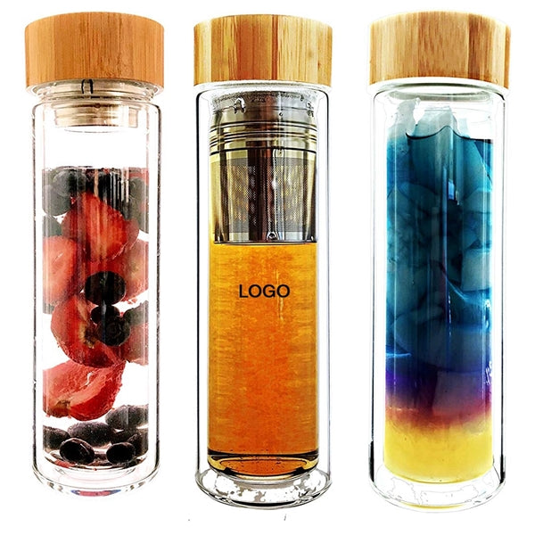 Bamboo lid Insulated Double Wall Glass with infuser 15oz