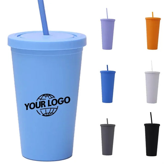 16oz Double Wall Plastic Tumbler with Lid and Straw