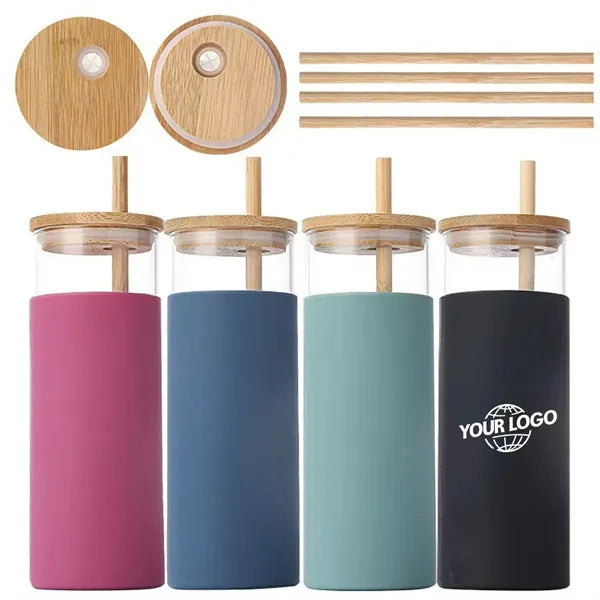17 Oz. Glass Tumbler with Bamboo Lid and Straw