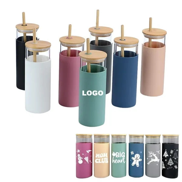 17oz Glass Tumbler with Bamboo Lid Straw Silicone Sleeve