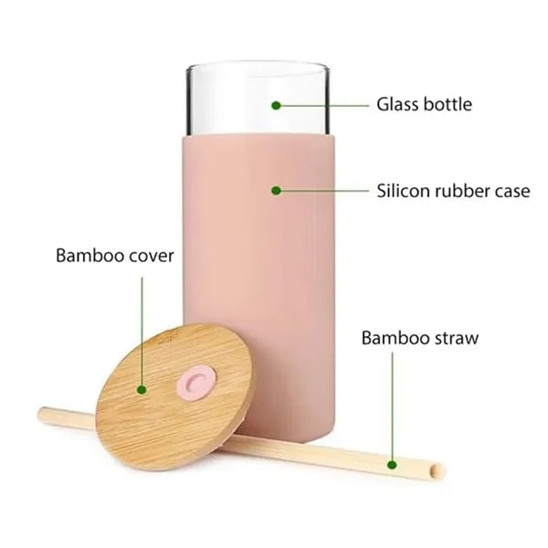 17oz Glass Tumbler with Bamboo Lid Straw Silicone Sleeve