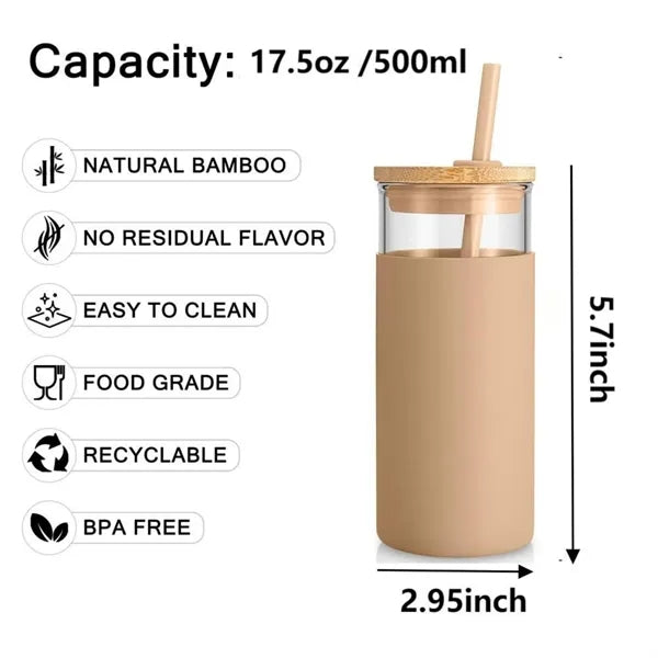17oz Glass Tumbler with Bamboo Lid Straw Silicone Sleeve