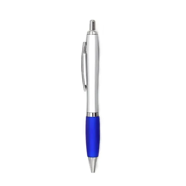 Brushed silver barrel ballpoint pen with rubber grip