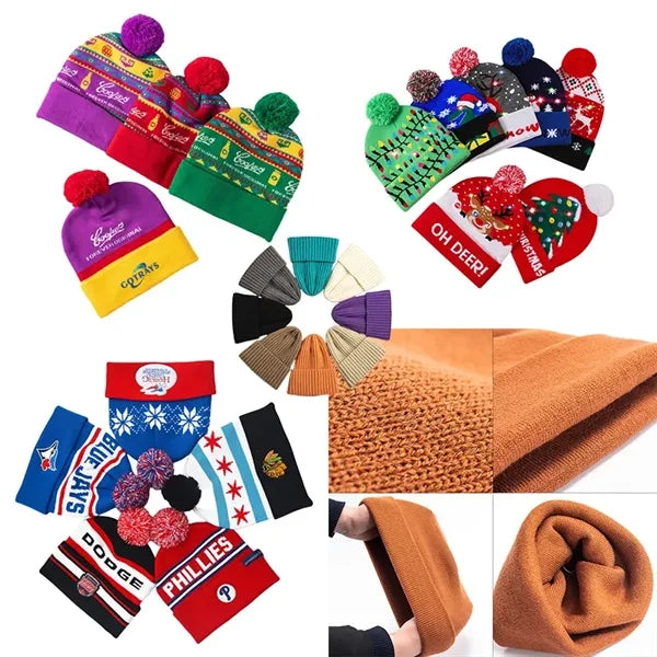 Embroidery Classic Knit Pom Soft Beanie Cuff Winter