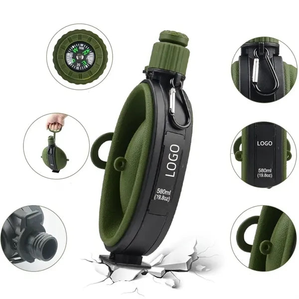 20 oz Compass Silicone Collapsible Water Bottle w/ Carabiner