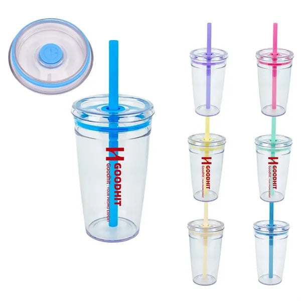 15oz Plastic Clear Water Cup w/ Lid & Straw