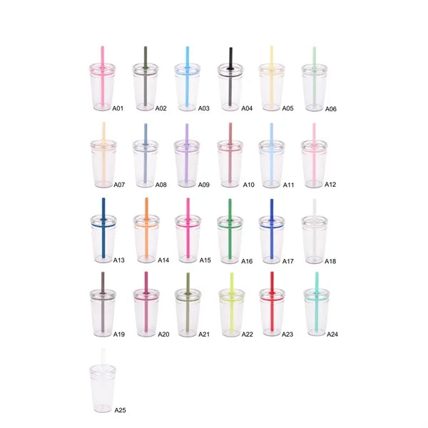 15oz Plastic Clear Water Cup w/ Lid & Straw