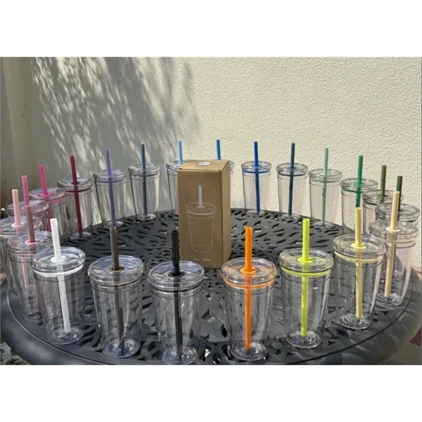 15oz Plastic Clear Water Cup w/ Lid & Straw