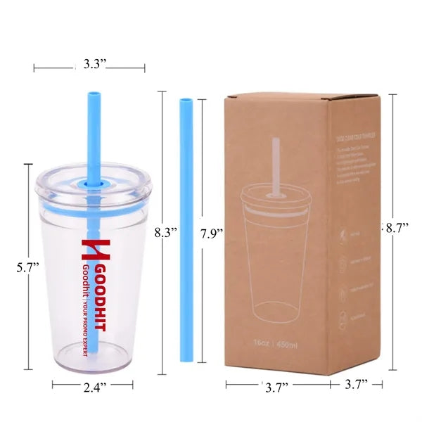 15oz Plastic Clear Water Cup w/ Lid & Straw