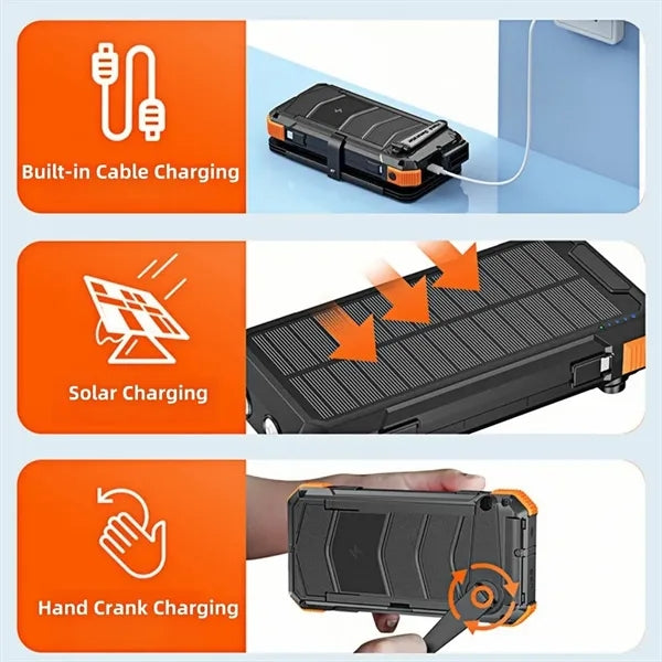 20000mAh Hand-Crank Solar Charger Built-In Cables Outdoor Po
