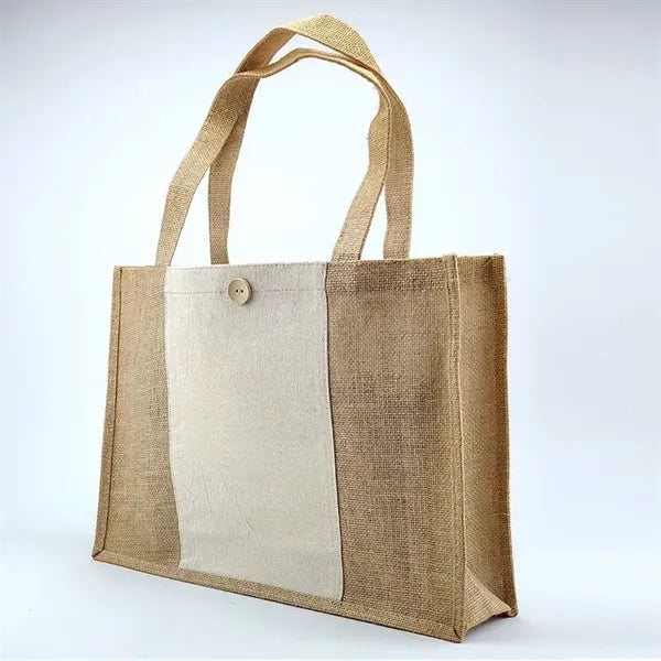 Color Block Jute Grocery Tote Handle Bag Shopping Handbag