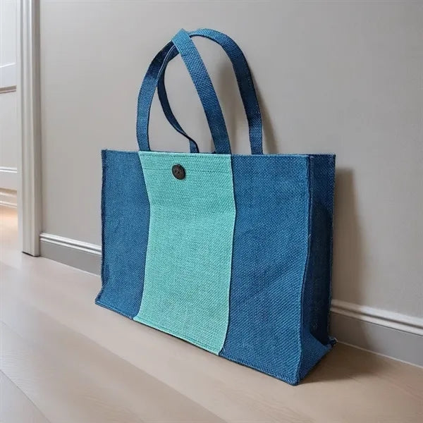 Color Block Jute Grocery Tote Handle Bag Shopping Handbag