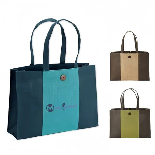 Color Block Jute Grocery Tote Handle Bag Shopping Handbag