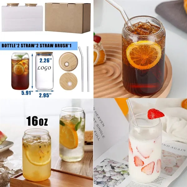 16oz Glass Cup with Bamboo Lid and Straw