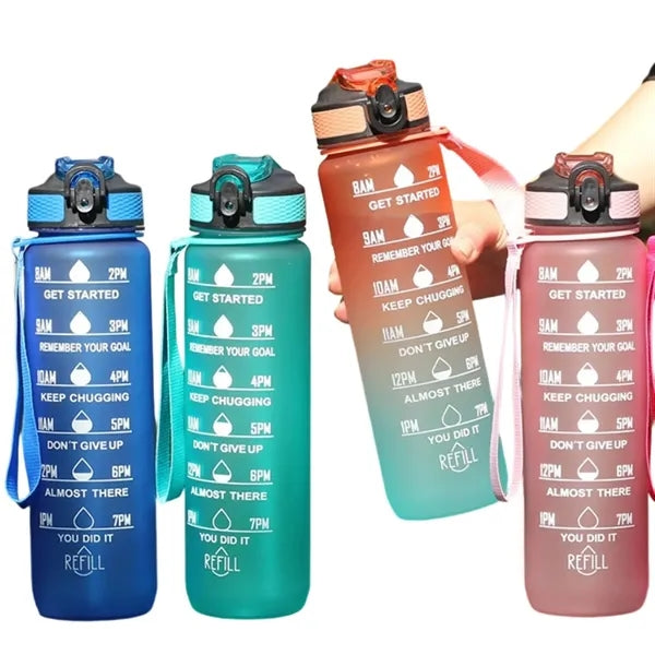 32 oz Plastic Water Bottles with Times to Drink and Straw
